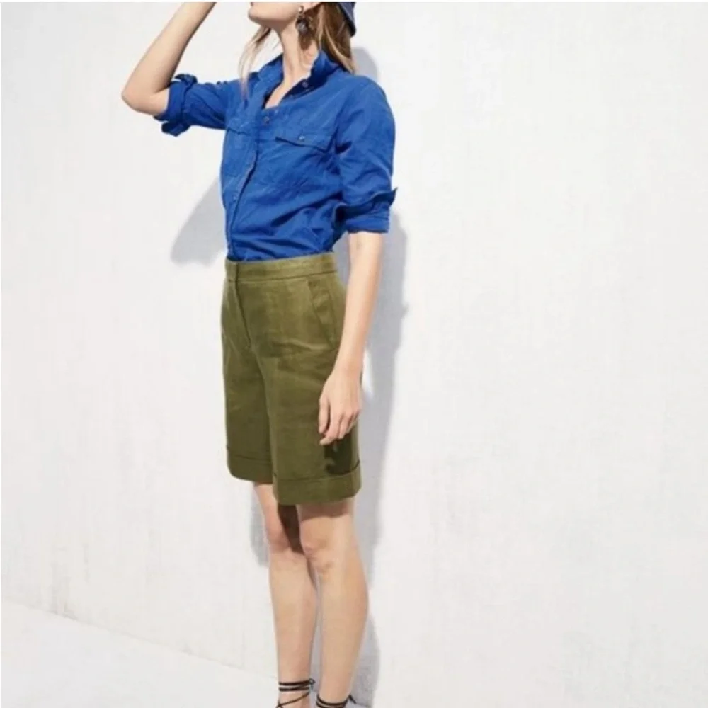 J. CREW Cuffed Linen Bermuda Shorts Olive Green - 4
